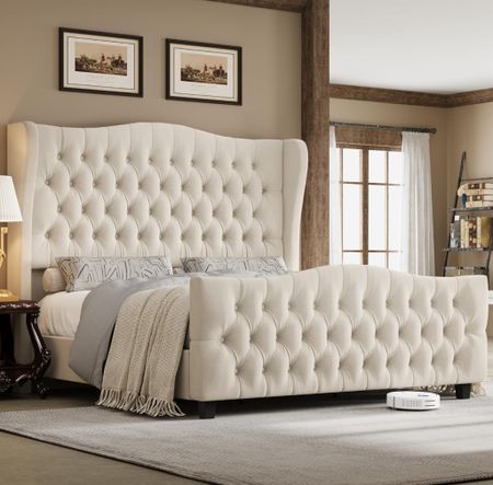 Tall Platform Bed Frame with Deep Button Tufted Wingback Headboard and Footboard | Follow my shop for the latest trends 

#LTKHome #LTKStyleTip