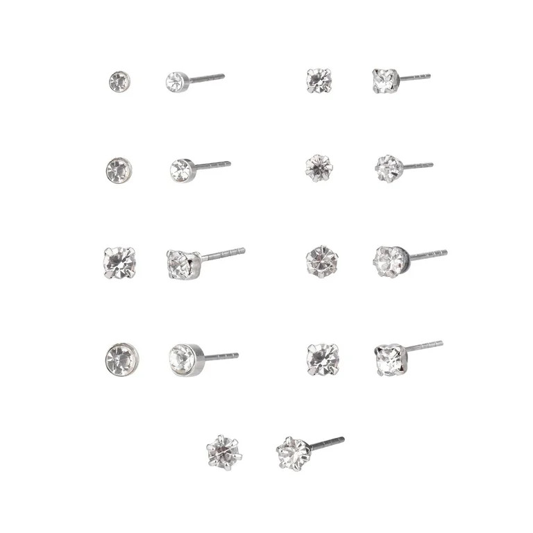 Time and Tru Adult Women's 9 Pair Silver Tone Crystal Stud Metal Earrings Set | Walmart (US)