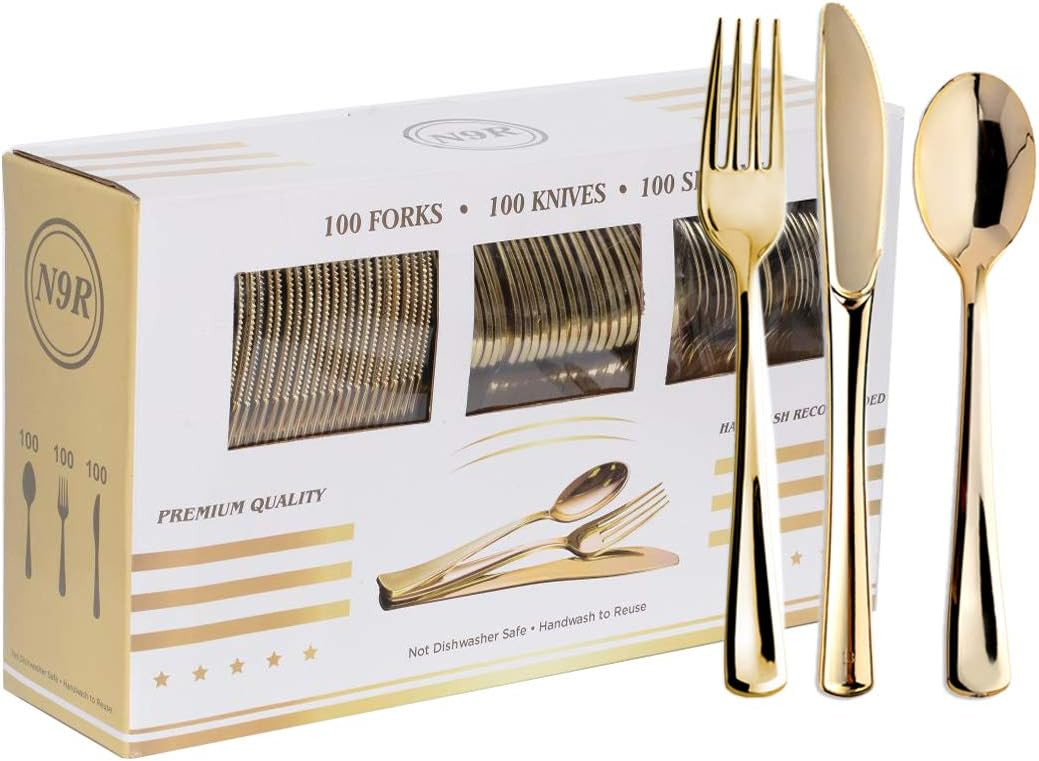 N9R 300PCS Gold Plastic Silverware, Heavy Duty Gold Plastic Cutlery Set Disposable Flatware Dinne... | Amazon (US)
