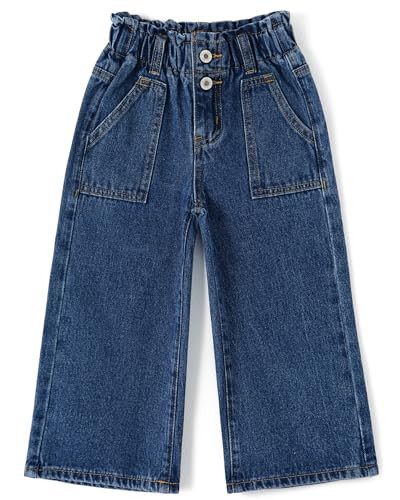 KIDSCOOL SPACE Baby Girls Jeans,Toddler Elastic Waist with D-Ring Slant Pockets Wide-Leg Denim Pants,Blue,18-24 Months | Amazon (US)