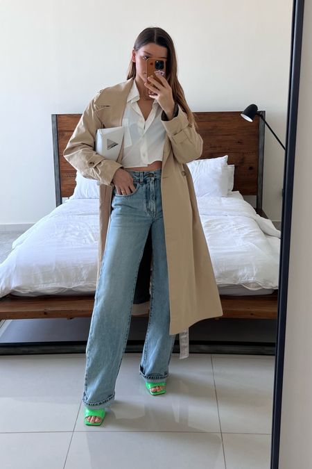 Fall outfit going out, cocktail event dressing, Saint Laurent denim, cropped shirt, wide jeans, trench coat, attico 
