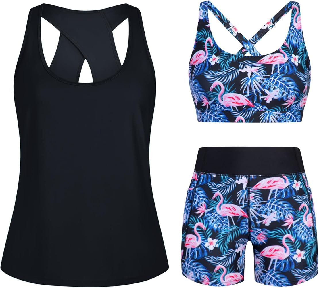 HUSKARY 3 Piece Tankini Swimsuits for Women Swim Tank Top with Bra and High Waist Boy Shorts with... | Amazon (CA)