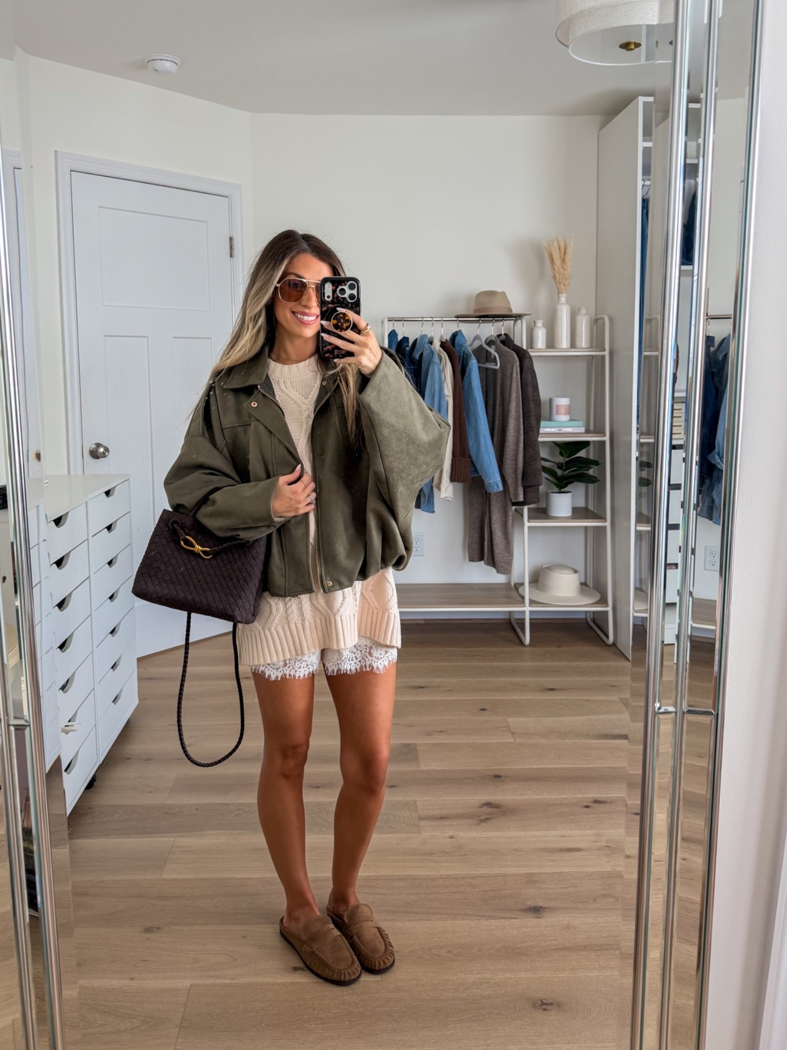 Casual chic amazon fall outfit 
+ jacket: small
+ Cableknit sweater; small
+ lace shorts: small
+ brown mules: true to size 

Amazon outfit
Amazon fashion
Amazon jacket
Amazon sweater
Amazon shoes 
Fall shoes 
Amazon prime day

#LTKootd #LTKSeasonal #LTKPetite