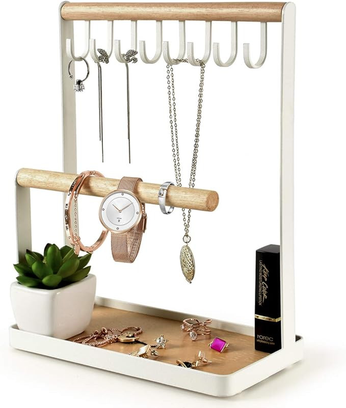 PAMANO Jewelry Stand Holder, 3-Tier Necklace Hanging Wooden Ring Organizer Earring Tray, 8 Hooks ... | Amazon (US)
