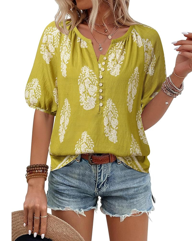 Unixseque Womens Summer Tops V Neck Short Sleeve Blouses Casual Button Down Shirts Floral Boho Cl... | Amazon (US)