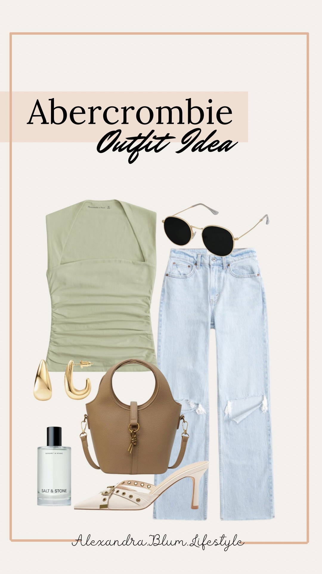 Spring outfit idea from Abercrombie! Light green tank top, ripped denim blue jeans, white ivory kitten heels, crossbody purse! Spring outfits! 

#LTKFindsUnder100 #LTKBeauty #LTKItBag