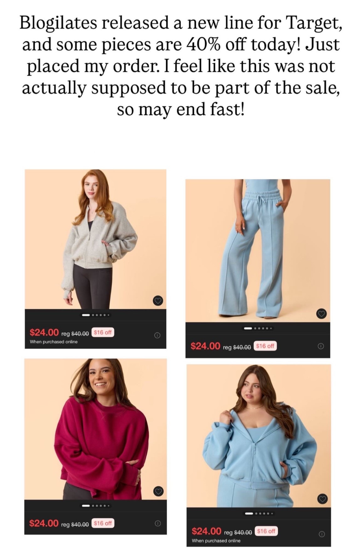 Blogilates pieces on sale for 40% off at Target! Sweatpants and sweatshirts included. 

#LTKCyberWeek #LTKHoliday #LTKSaleAlert