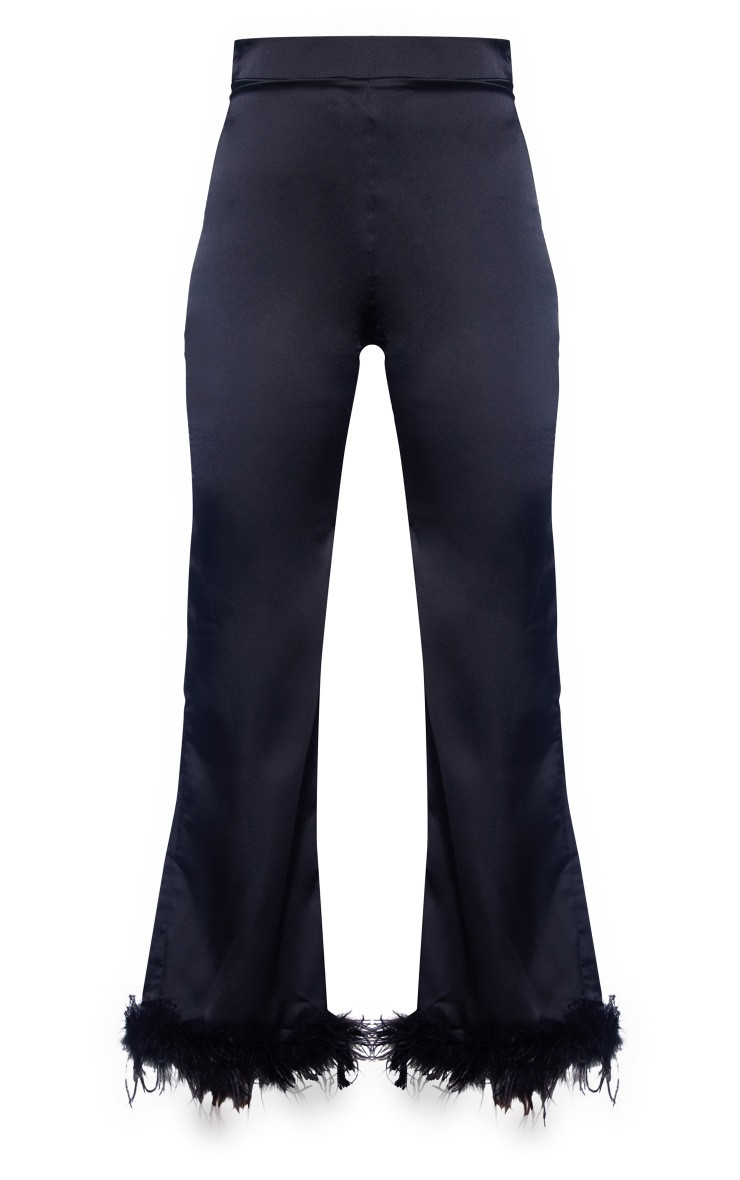 Black Satin Feather Trim Straight Leg Pants | PrettyLittleThing US