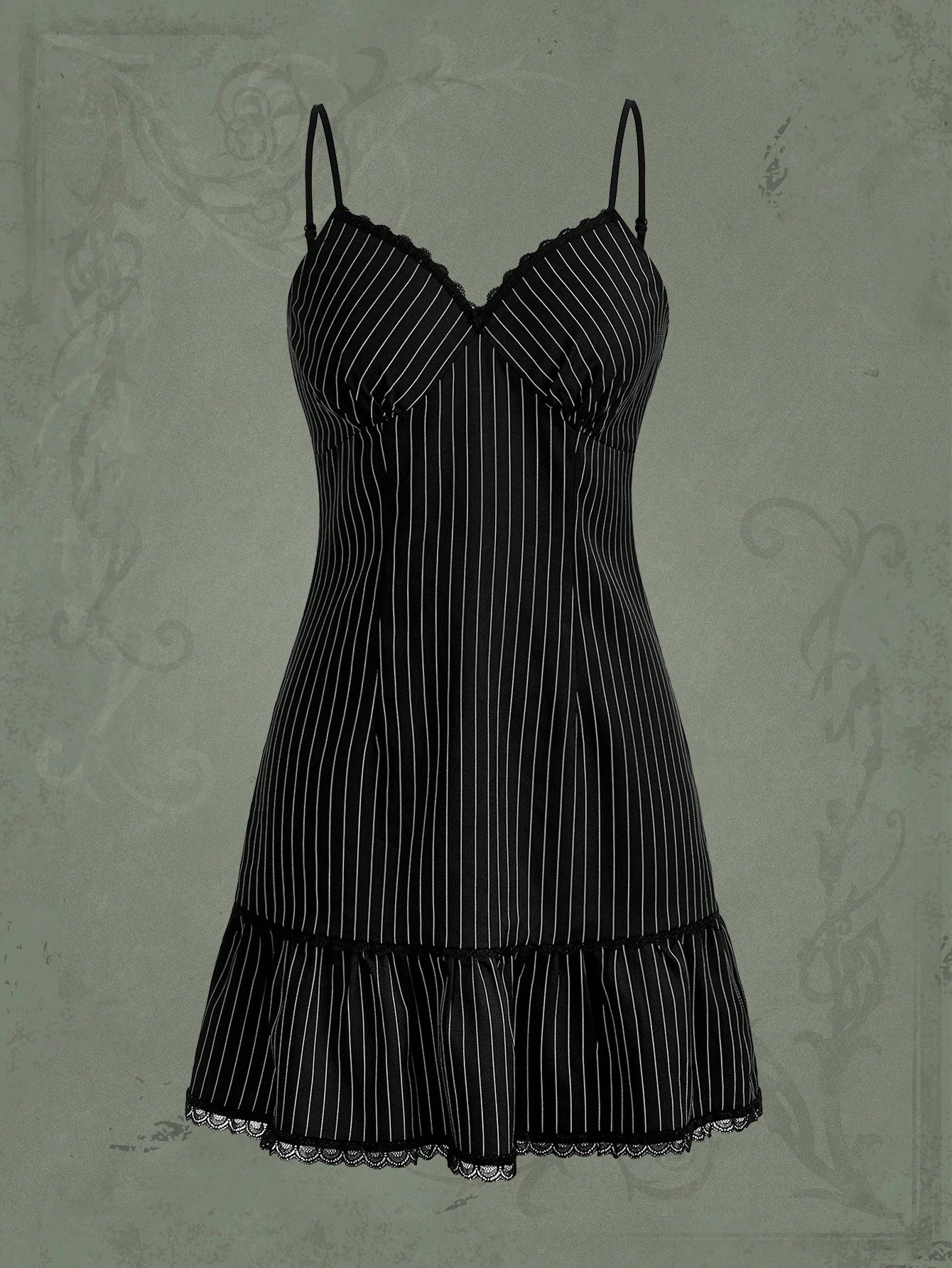 Grunge Punk Striped Print Contrast Lace Ruffle Hem Cami Dress | SHEIN