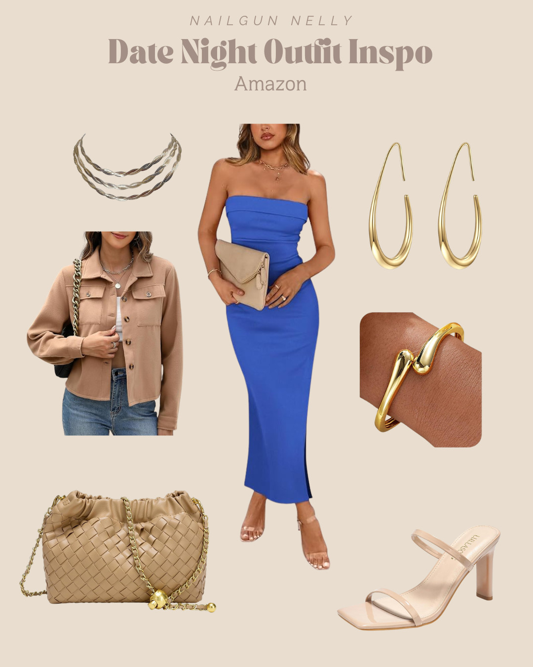 Date Night Outfit Inspo!

Blue strapless tube top dress, gold earrings, gold necklace, cropped beige shacket, gold cuff bracelet, nude heels, tan clutch bag with gold chain 

 #LTKOver40 #LTKParties #LTKFindsUnder50
