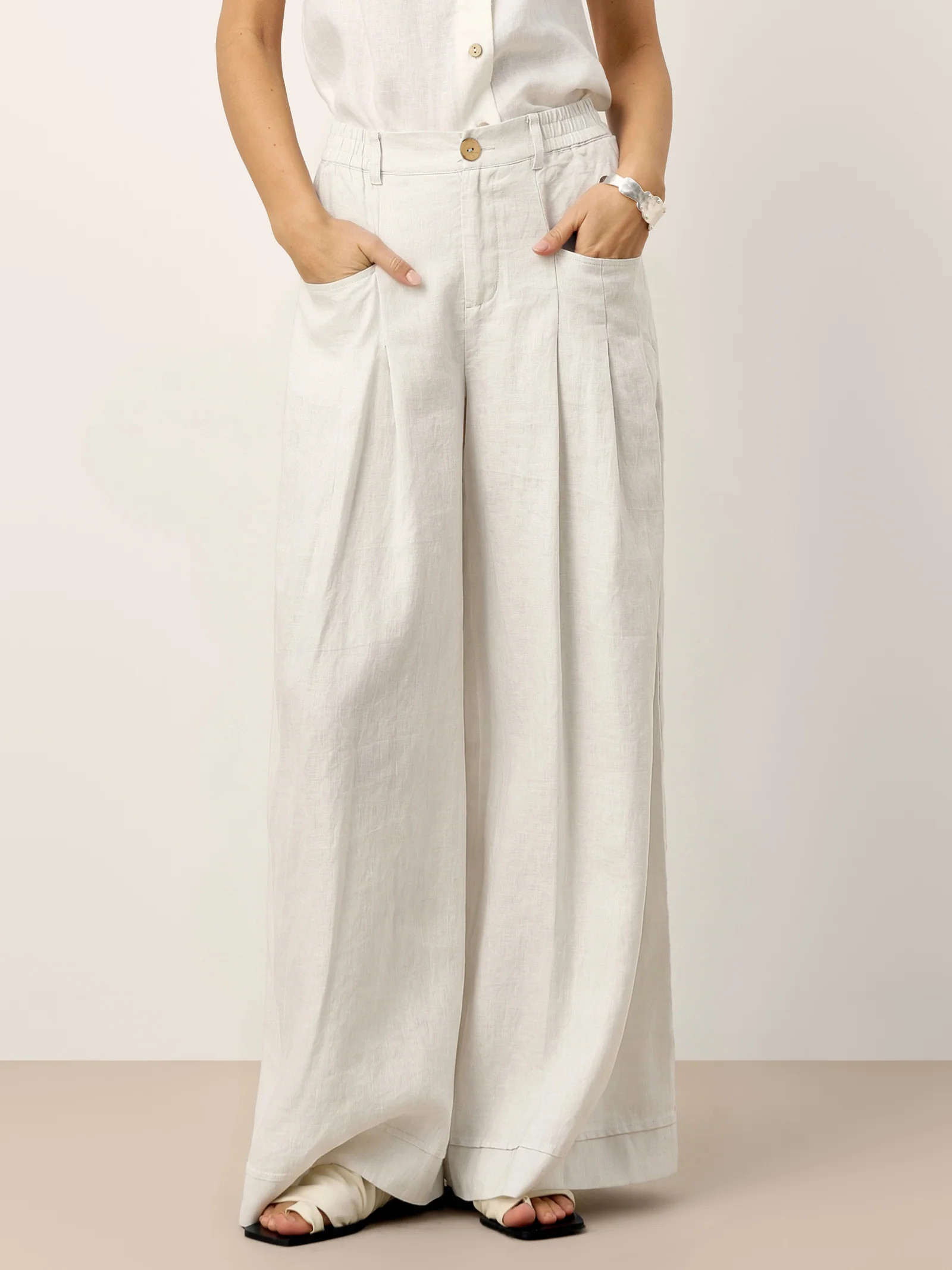 100% Linen Sculpted Pleat Elasticated Back Relaxed Pants VERIDIANA | LINTICO