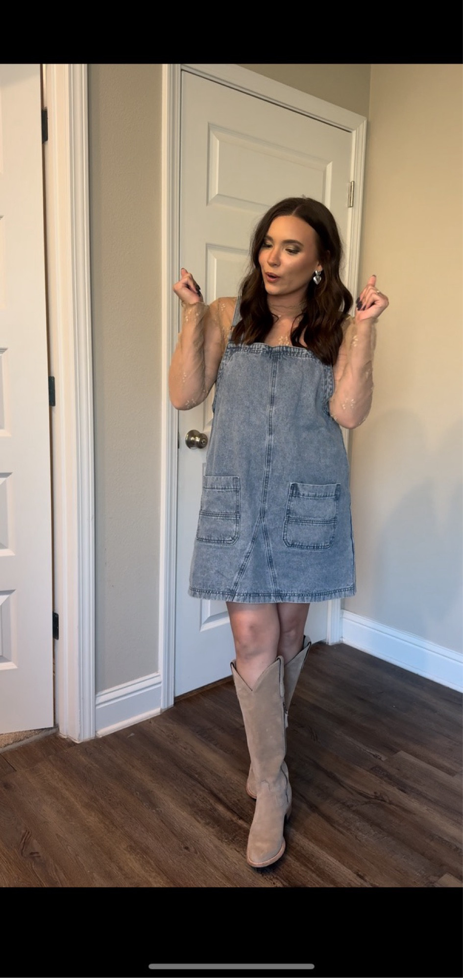 Mom’s Night Out Outfit Inspo! I am wearing a denim blue dress from amazon with a beige lace long sleeve  from The Post. My tall beige boots are from Lane. 

#LTKStyleTip #LTKShoeCrush #LTKFindsUnder100