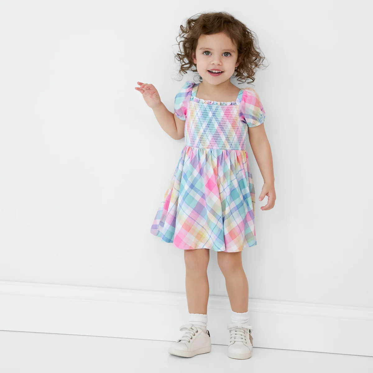 Pastel Plaid Puff Sleeve Smocked Dress | Little Sleepies