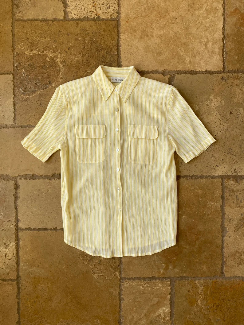 Vintage 90s Yellow Striped Button up Short Sleeve Top by Alice Stuart - Etsy | Etsy (US)