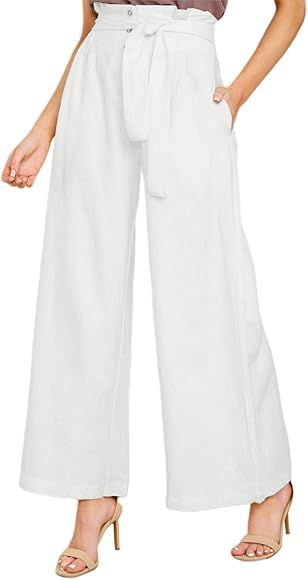FLORHO Women Wide Leg Bottom Pants High Waisted Paper Bag Pants Casual Trousers with Pockets | Amazon (US)