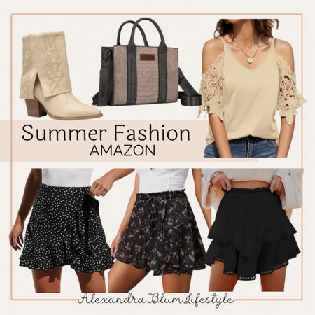Cute western style outfits! Country concert outfit idea! Black mini skirts, short tan cowgirl boots, and a small crossbody tote bag purse! Amazon fashion! Summer outfit! 

#LTKFindsUnder50 #LTKShoeCrush #LTKItBag