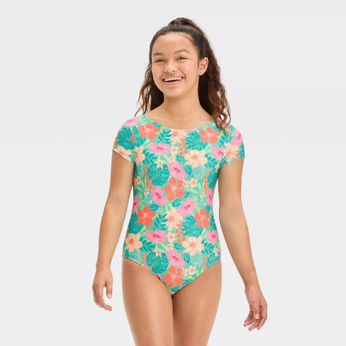 Girls' Tropical Vacay Floral Printed One Piece Rash Guard Swimsuit - art class™ | Target