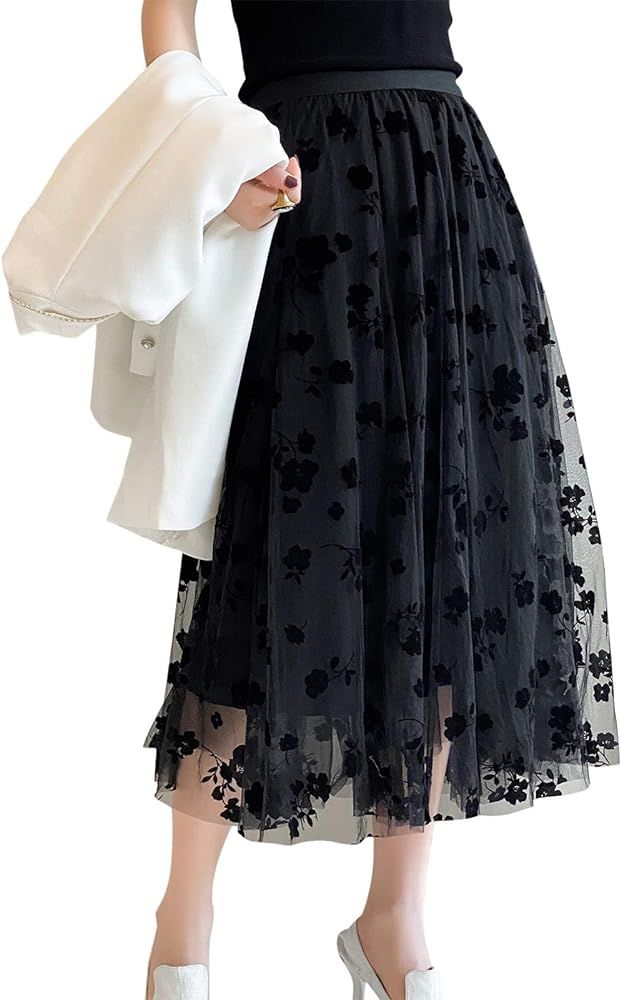 Women Tutu Tulle Skirt Elastic High Waist Layered Skirt Floral Print Mesh A-Line Midi Skirt | Amazon (US)