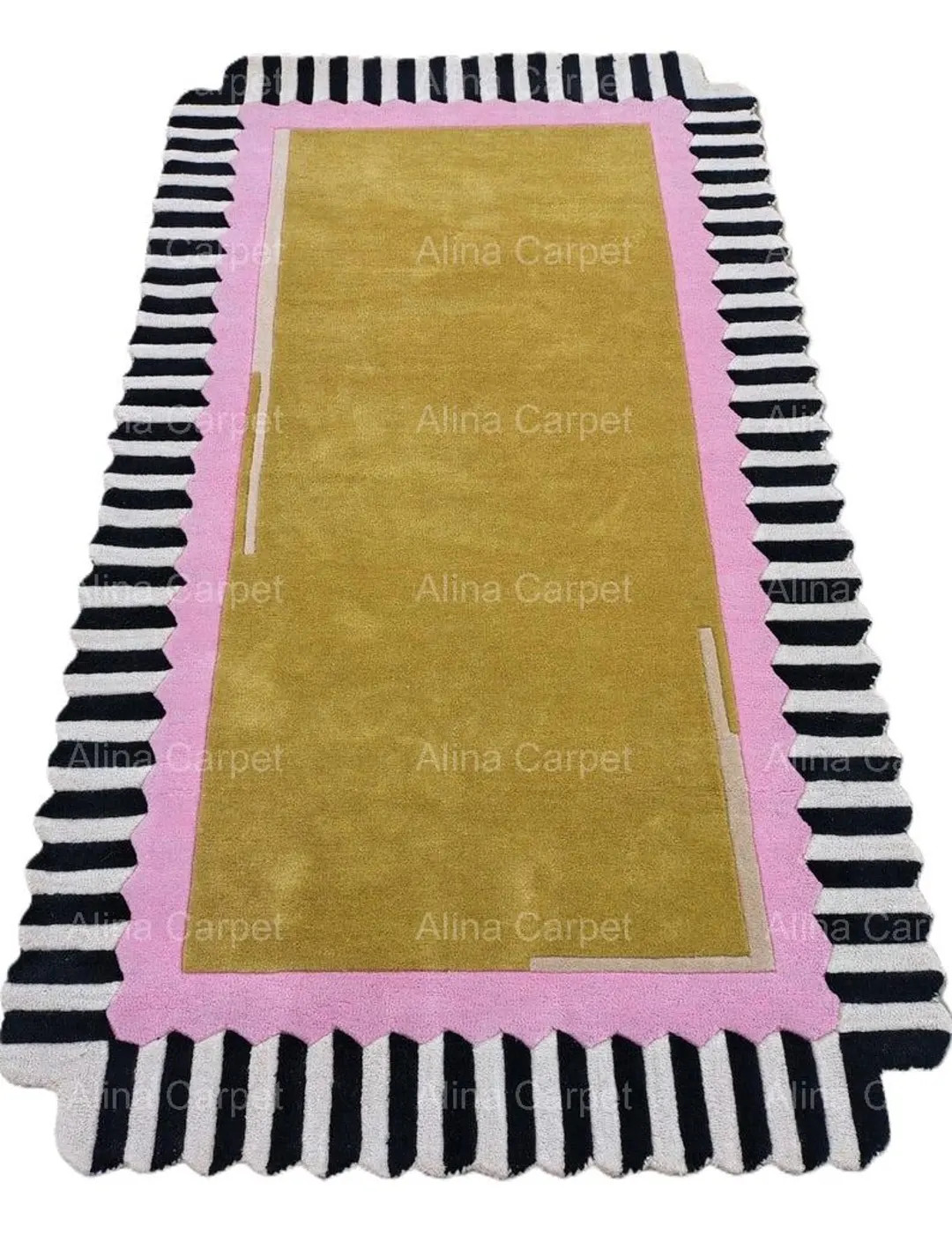 Hand Tufted Modern Mustard Yellow Rug With Pink & Black Border – Bold Handmade Wool Carpet for ... | Etsy (US)