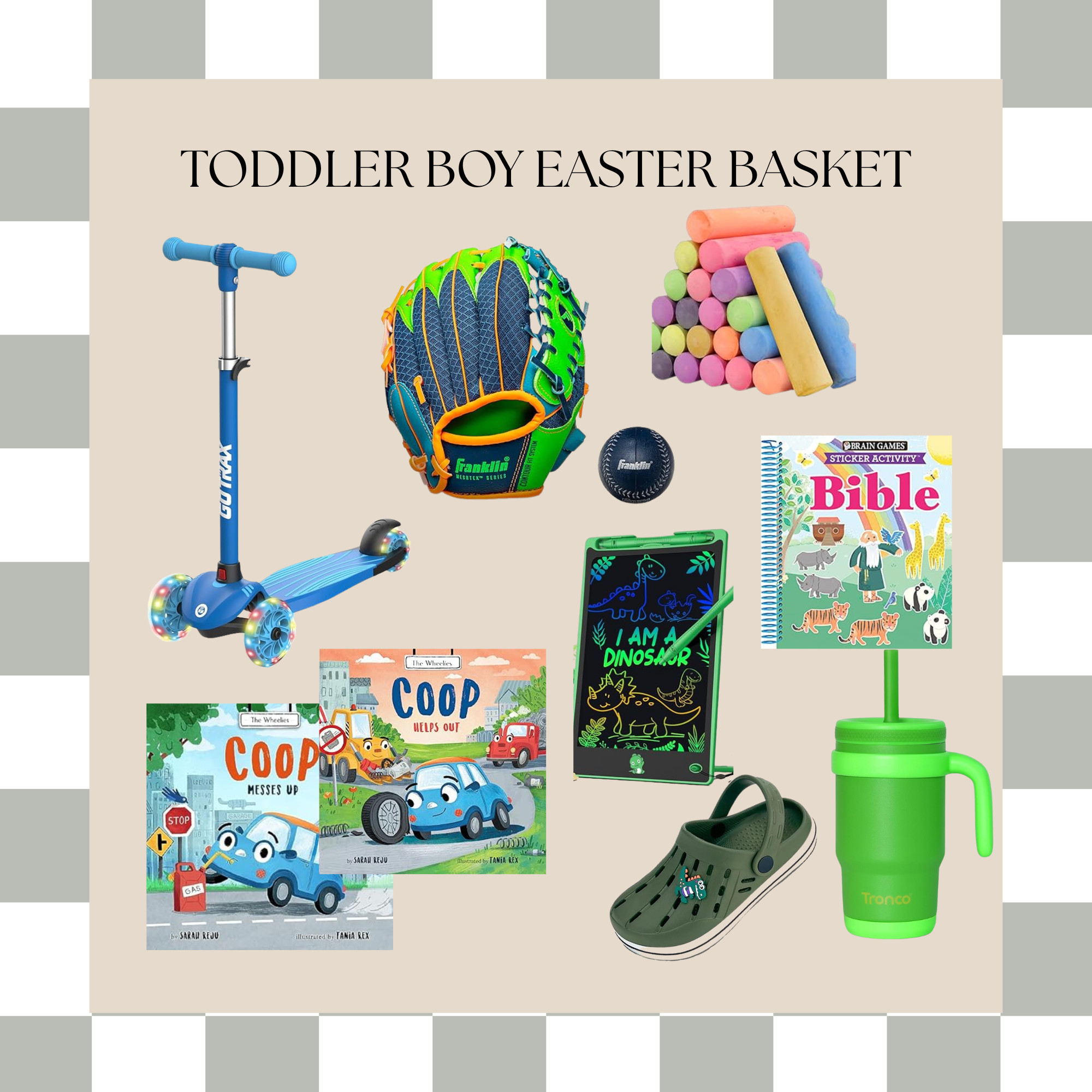 Sharing some ideas for a boys’ Easter basket! 🐣💛 

Kept it simple but fun—with a mix of things they’ll love and a few sweet, Christ-centered touches. I added a Bible-based book, a scooter, a baseball glove, some chalk, and a couple other small things they’ll use all spring long. Thought I’d share in case you’re looking for toddler-friendly (and meaningful!) ideas too! 

 #LTKSeasonal #LTKKids #LTKFamily