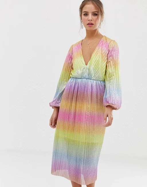 ASOS DESIGN pleated glitter rainbow midi tea dress | ASOS US
