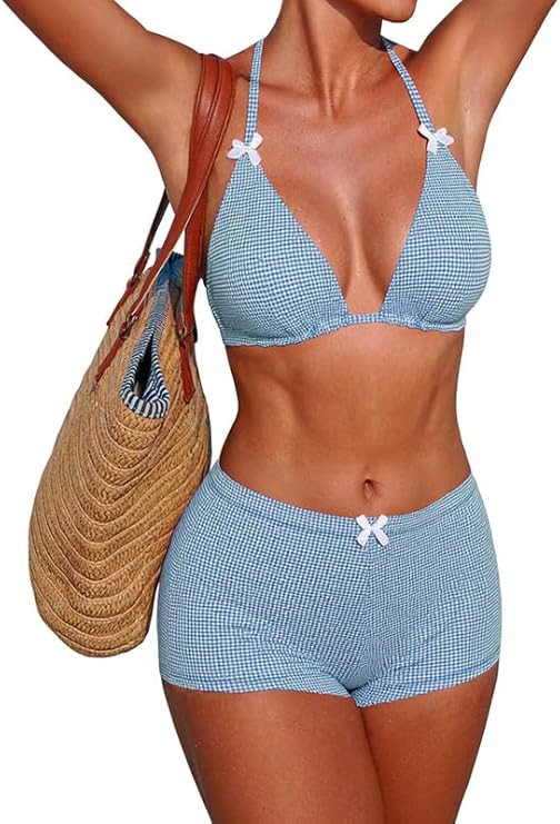 ZAFUL Women's Gingham Bikini Shorts Set, Halter Y2K Boyshort Bikini Two Piece Bathing Suit Shorts... | Amazon (US)