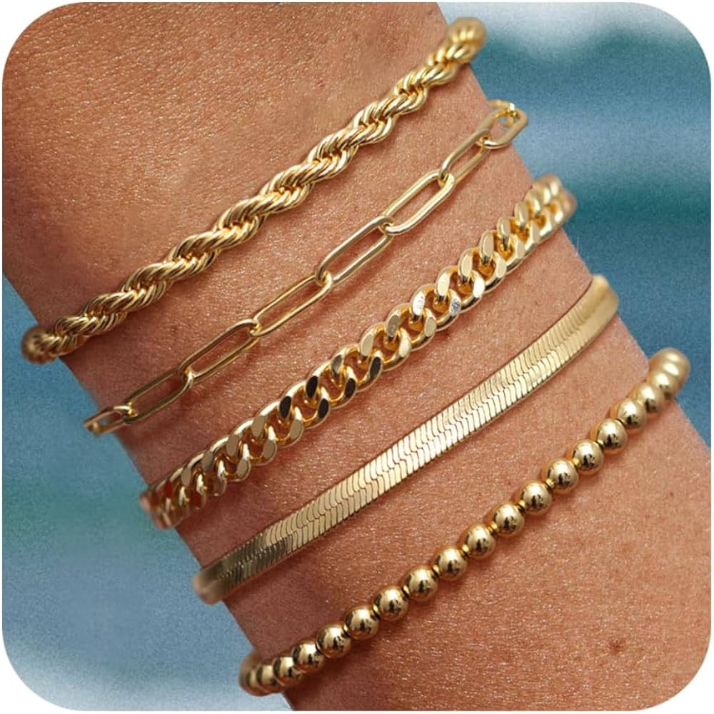 Gold Bracelets for Women, 14k Gold Plated Adjustable Dainty Bracelets Set Waterproof Jewelry Pape... | Amazon (US)