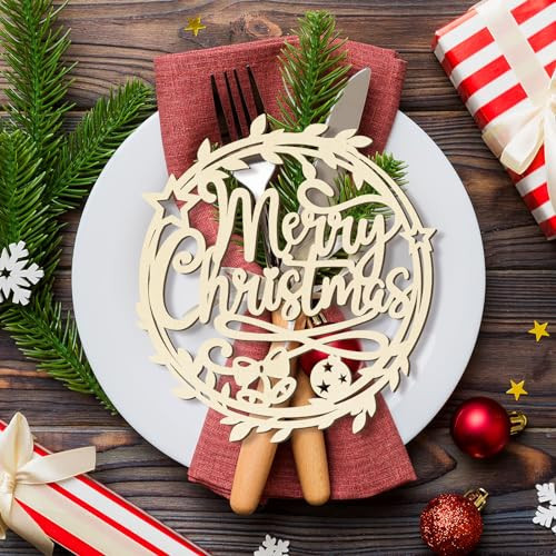 12 Pcs Christmas Wooden Plate Decor Merry Christmas Wood Cutouts Winter New Year Party Place Card Table Settings Signs for Farmhouse Dining Table Holiday Tree Decoration Ornament Flowers | Amazon (US)