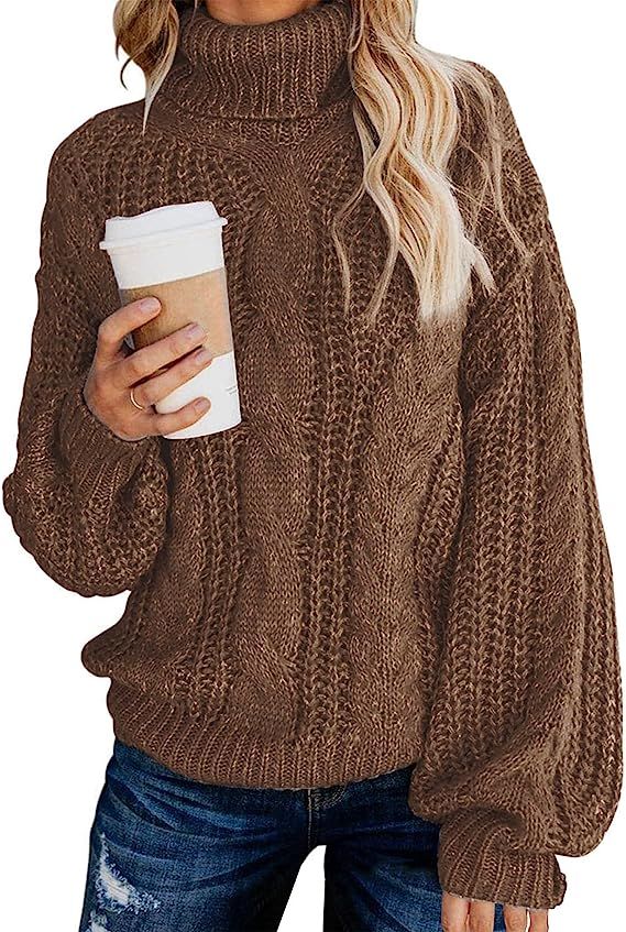 Fashionme Chic Ballon Sleeve Winter Turtleneck Chunky Sweater Slouchy Oversized Loose Pullover Ou... | Amazon (US)