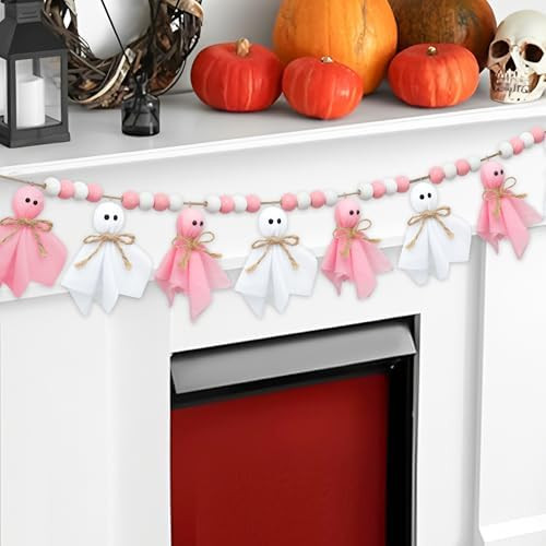 6.6 Ft Pink Halloween Garland Decoration Cute Ghost Home Decor Handmade Ghosts Wooden Beads Rusti... | Amazon (US)
