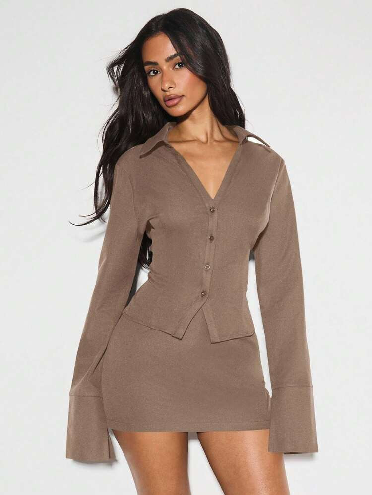 KIZN Long Bell Sleeve Fitted Shirt Dress Professional Office Work Wear Button Down Collared Bengaline Tailored Blazer Mini Dress Fall Winter Fashion | SHEIN