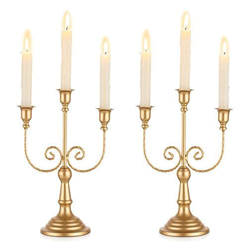Romadedi Candelabra Gold Candle Holders - 3 Arm 11.8" Wedding Candlestick Holder for Theme Party Table Centerpiece Decor Dining Room Birthday Holiday Christmas, Set of 2 | Amazon (US)