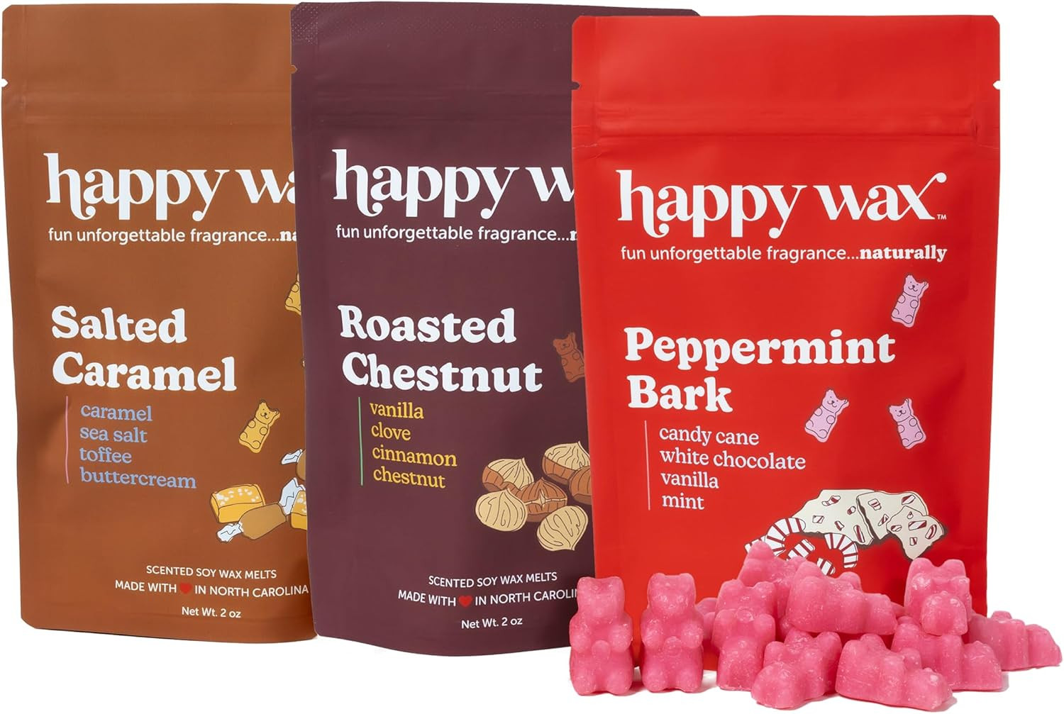 Happy Wax Fireside Treats Mix Scented Natural, Non Toxic Soy Wax Melts - 6 Total Oz. of Holiday Scented Wax Melts - Collection Includes: Peppermint Bark, Roasted Chestnut and Salted Caramel | Amazon (US)