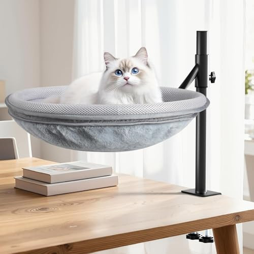Cat Desk Bed, 360° Rotating & Height-Adjustable Cat Hammock Desk, Removable Washable Double-Sided Faux Rabbit Fur Mesh Nest Cover for Gaming Desks Home Office, Cat Desk Bed Supports Up to 50lbs | Amazon (US)