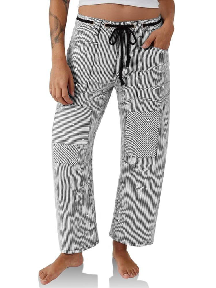 PLNOTME Womens Baggy Barrel Horseshoe Jeans Wide Leg Patchwork Low Rise Denim Pants with Pockets | Amazon (US)