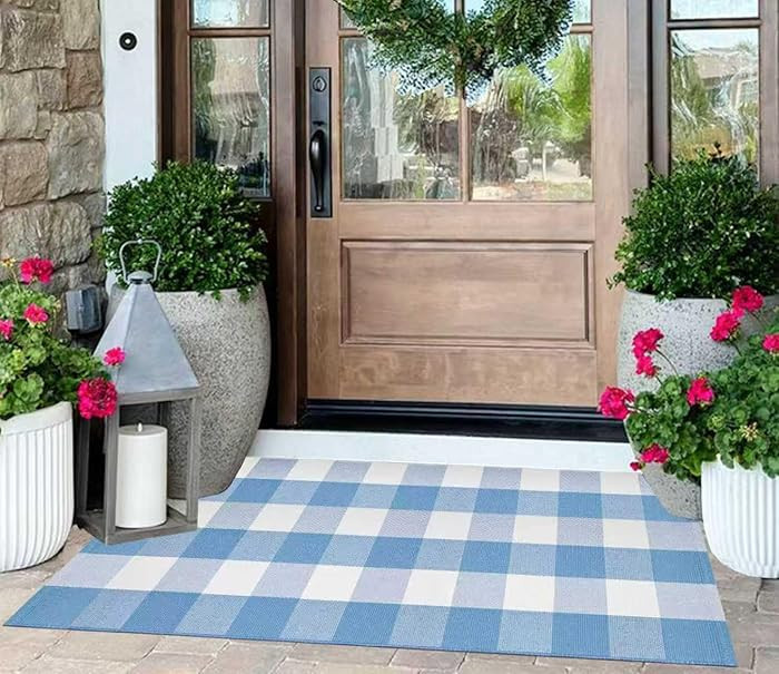Light Blue and White Outdoor Rug 2'X4.3' Buffalo Plaid Checked Front Porch Rug Cotton Woven Washa... | Amazon (US)