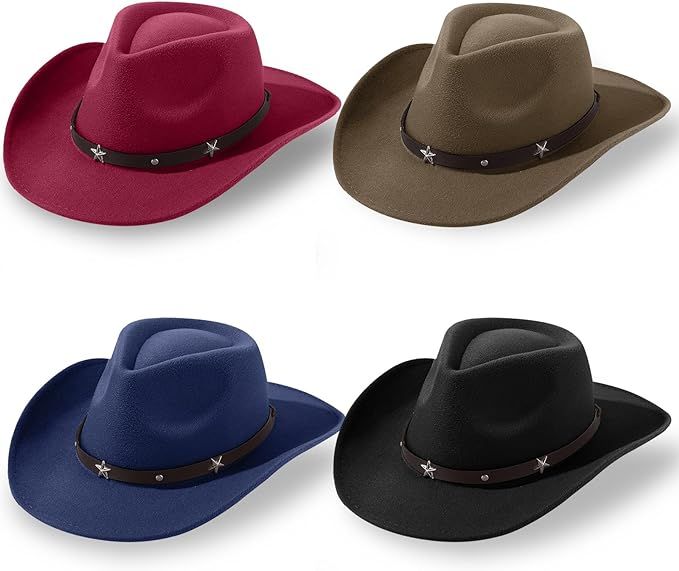 4 Pcs Classic Western Cowboy Hat Men Felt Wide Brim Cowgirl Hats Women Belt Buckle Panama Hat for... | Amazon (US)