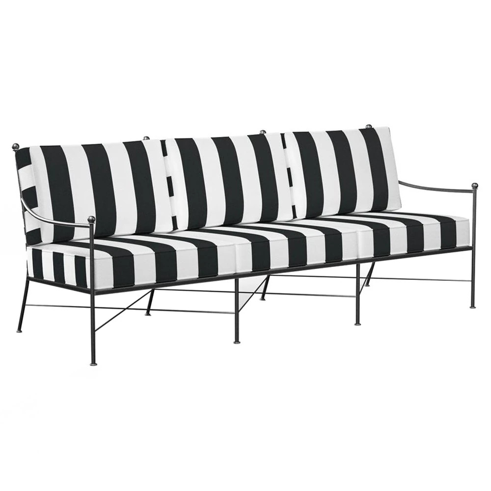 Sunset West Provence White Black Stripe Cabana Cushion Metal Outdoor Sofa | Kathy Kuo Home