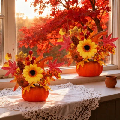 1PC Artificial Pumpkin Centerpiece with Fall Flowers, 10" Thanksgiving Table Decor for Harvest, Autumn, Halloween, Farmhouse Home Dining Table Decorat | Wayfair North America