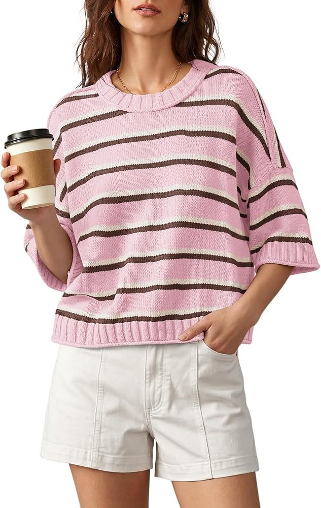 Nirovien Womens Short Sleeve Striped Sweater Crewneck Knitted Fall Sweaters | Amazon (US)