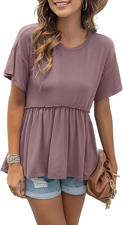 TASAMO Women's Loose Ruffle Hem Short Sleeve High Low Peplum Blouse Top | Amazon (US)