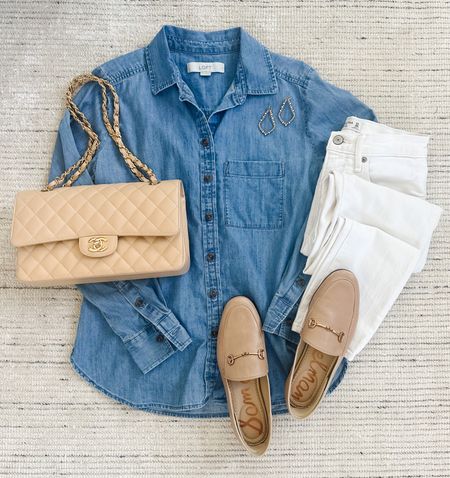 Smart casual summer outfit with white jeans, chambray pocket shirt paired with my favorite loafers and accessories. Top is on sale for 30% off  Love this look for casual workwear, weekend outfit or grabbing dinner! 

#LTKSeasonal #LTKstyletip #LTKsalealert
