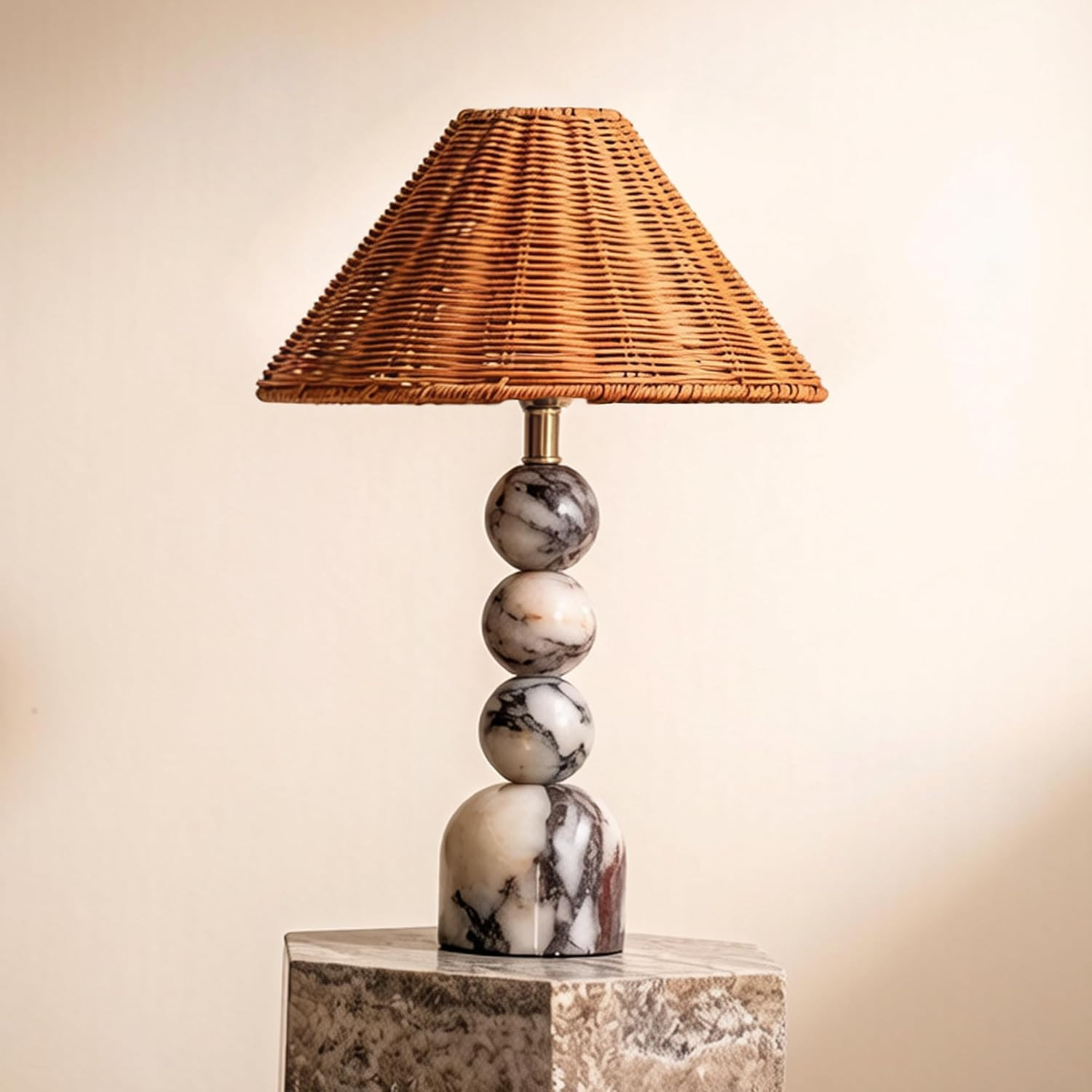 Calacatta Marble Stacked Ball Table Lamp - Hand-Woven Rattan Shade, 15" Stone Margot Artistic Vin... | Amazon (US)