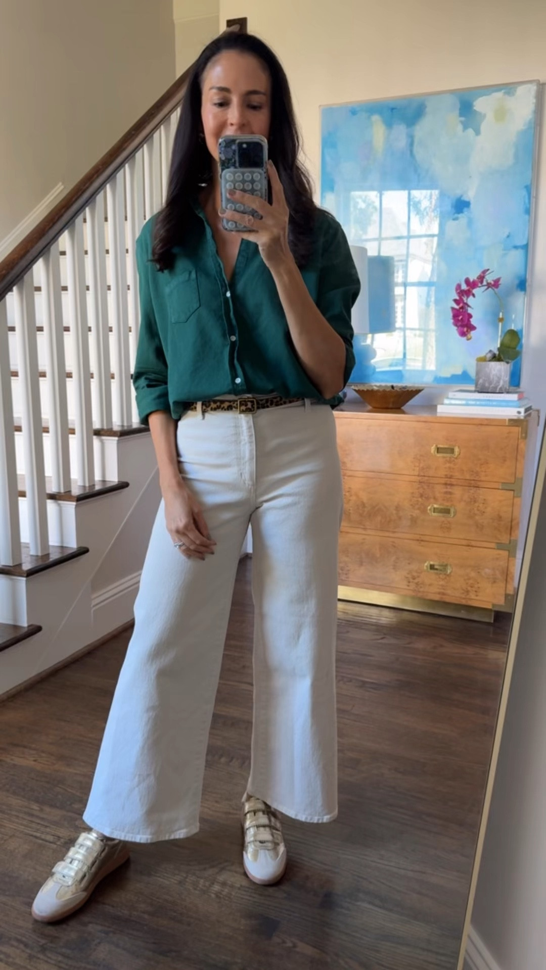 Another fall look. These pants really go with everything, and I love them with green, gold, and leopard. The fabric on this top is so good—like a soft chambray rather than cotton poplin. Yes, it’s pricey, but I’ve worn it a ton.

#LTKFindsUnder50 #LTKStyleTip #LTKShoeCrush