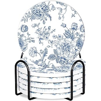 6Pcs White Blue Floral Coasters Vintage Flower Ceramic Drink Coasters Absorbent Chinoiserie Cup M... | Amazon (US)