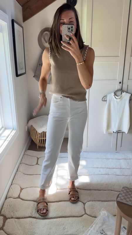 I found the BEST pair of white jeans!!  I was on the HUNT! They’re so cute, structured, and even stretchy!! The length is perfect for a straight leg ankle style or roll for a cute above the ankle leg! Also noticed my sandals are on sale!!!

#LTKShoeCrush #LTKStyleTip #LTKVideo