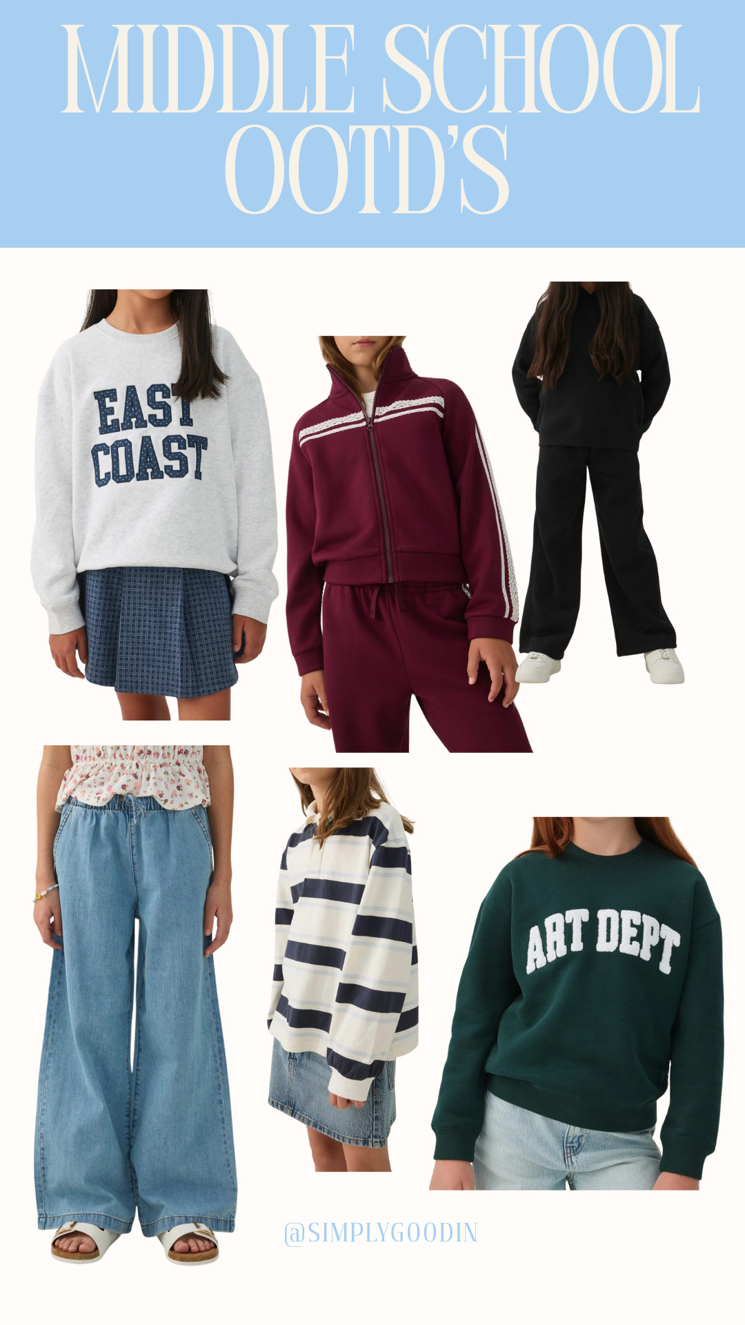 iddle school outfits that actually pass the teen test.

If you’re shopping for a tween or middle schooler, I pulled together some easy outfit ideas that feel current without being too grown-up.

Think cozy sweatshirts, wide-leg jeans, sporty sets, quarter-zips, graphic sweatshirts, denim skirts and casual everyday outfits they can actually wear to school.

These are the kinds of pieces that work for back-to-school, school pictures, casual Fridays, sports practices, hanging out with friends and everyday school outfits.

I linked all the pieces so you can shop the full middle school outfit edit in one place.

#middleschooloutfits #middleschoolfashion #tweenfashion #tweenoutfits #tweenstyle 

 #LTKcanada #LTKfall #LTKkids