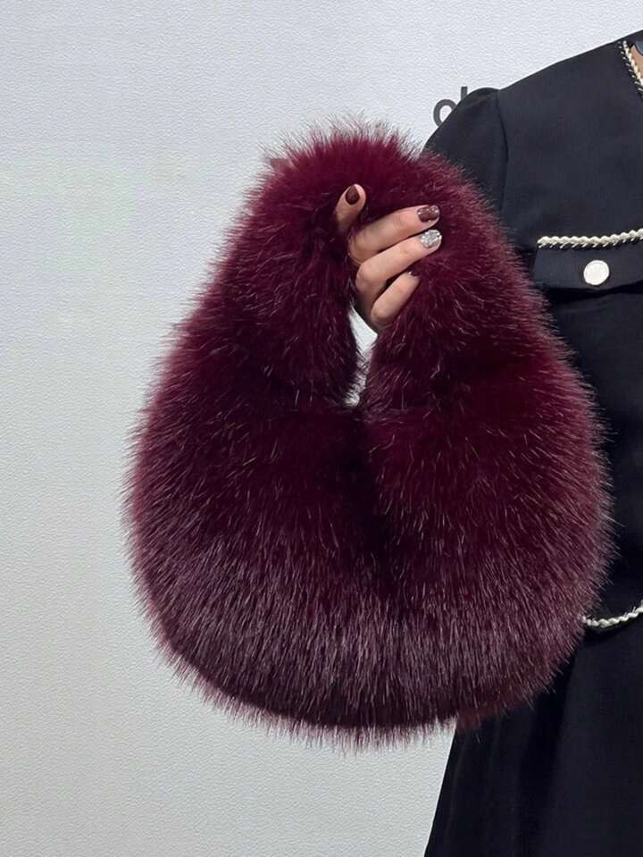 Yogodlns Solid Color Plush Dumpling Bag Simple Style Niche Design Faux Fox Fur Handbag Tote Small... | SHEIN