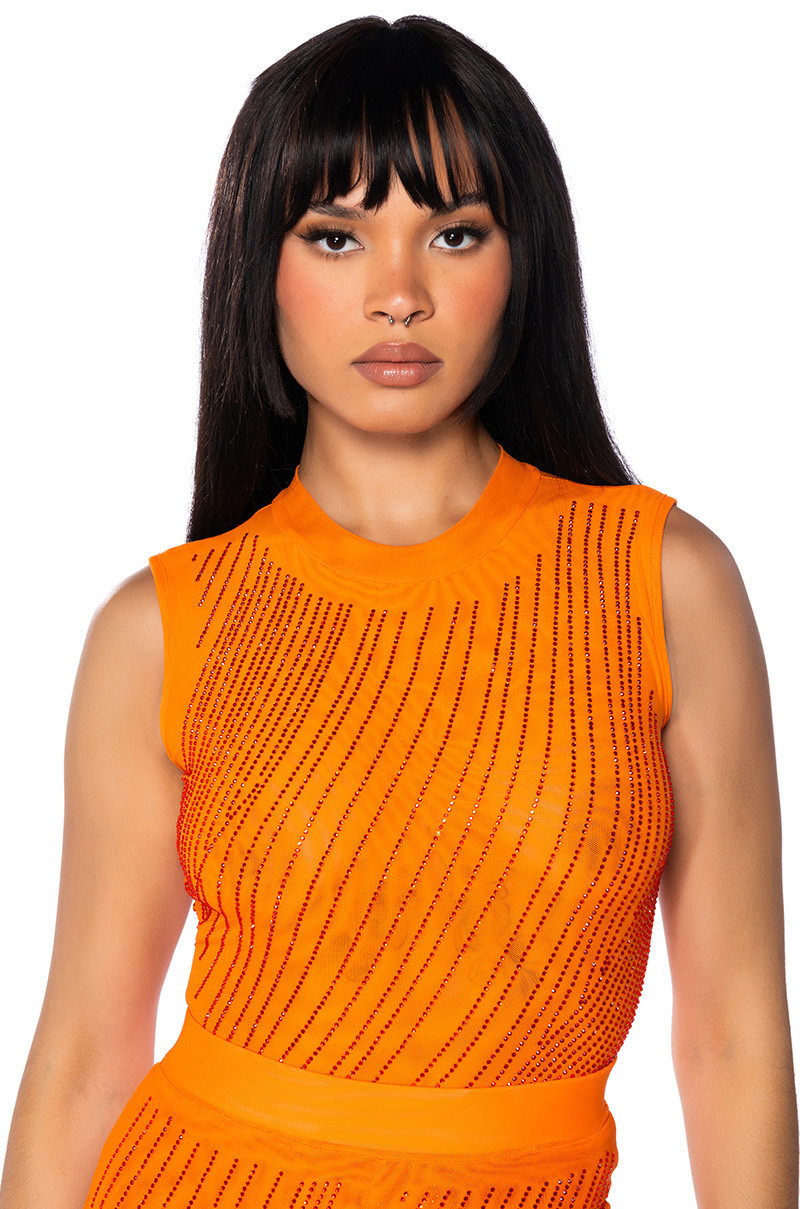 DIAMOND MESH SLEEVELESS BODYSUIT IN ORANGE | AKIRA