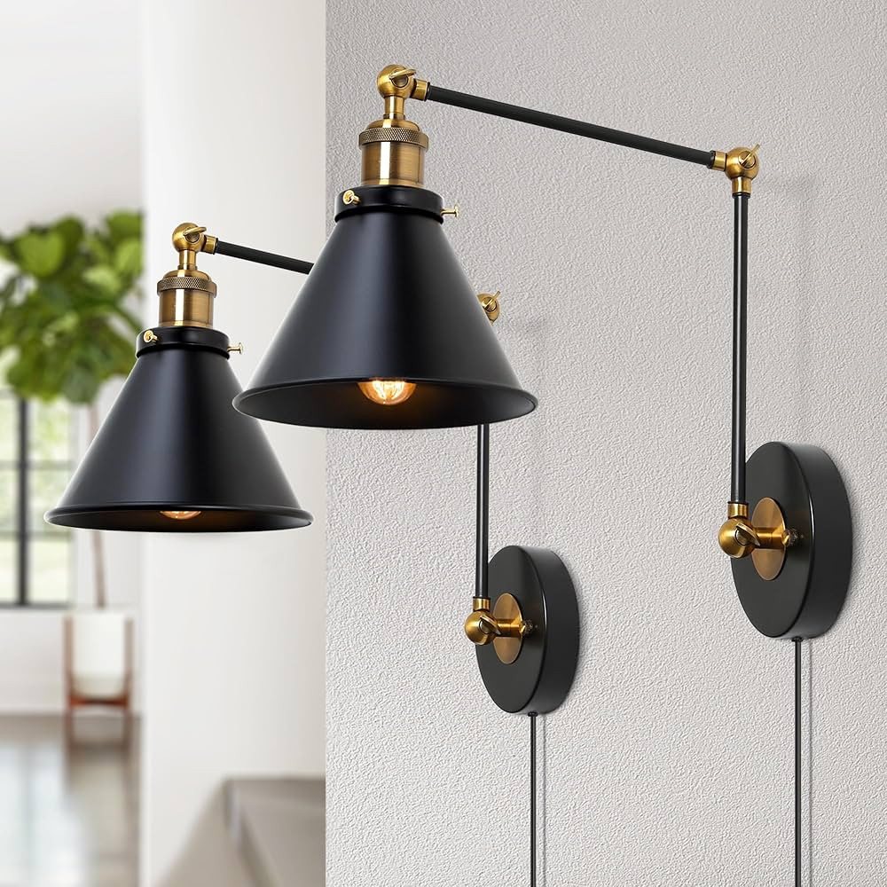 Wall Sconces Lighting 2 Pack, Plug in or Hardwired Adjustable Black Swing Arm Wall Lamp with Anti... | Amazon (US)